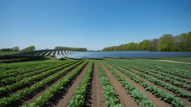 Agrivoltaics Field with Solar Panels and Crop Rows Under Blue Sky