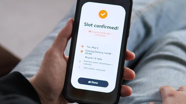 Hands holding a phone displaying a successfully reserved courier slot. The screen features a yellow checkmark and confirms the delivery details. Great for showcasing gig work, logistics tech, and