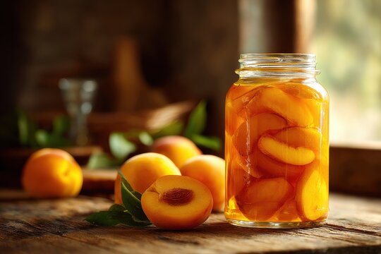 Jar of sliced peaches in syrup with fresh peaches on a rustic wooden table