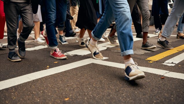 Low ground-level close-up of multiple people's legs and feet wearing colorful sneakers and casual shoes crossing a painted city zebra crossing, with jeans and casual clothing visible above.