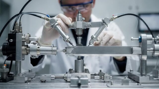 Scientist applies cyclic cutting stress on a blade sample in a precision lab setup to measure longterm edge performance and wear resistance