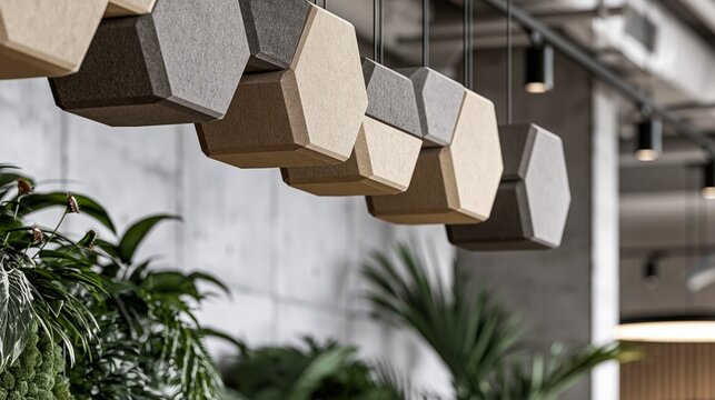 Medium shot of floating hexagonal acoustic ceiling baffles in soft grey and beige showcasing a sleek gradient design with blurred concrete walls and lush plants in background