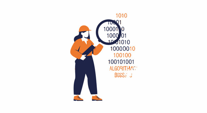 Female Engineer Inspecting Algorithmic Bias and Binary Data with Magnifying Glass Illustration