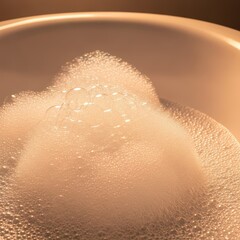 Fototapeta premium A luxurious bathtub filled completely with thick, fluffy white soap foam and countless shimmering iridescent bubbles floating in the warm light, sanitation, refreshment, airy