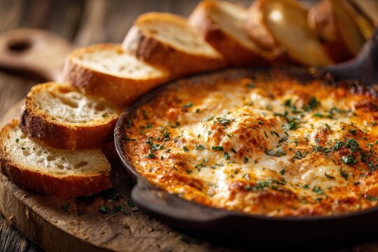 Warm buffalo chicken dip with crispy bread slices, close-up on a rustic table