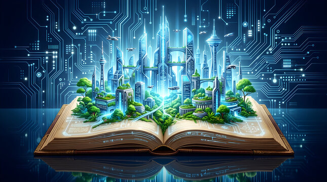 Futuristic ecocity rising from an open book with digital circuit patterns