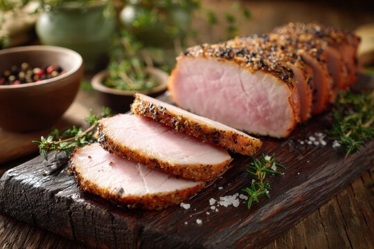 Smoked pork loin slices on a rustic wooden board with fresh herbs and spices