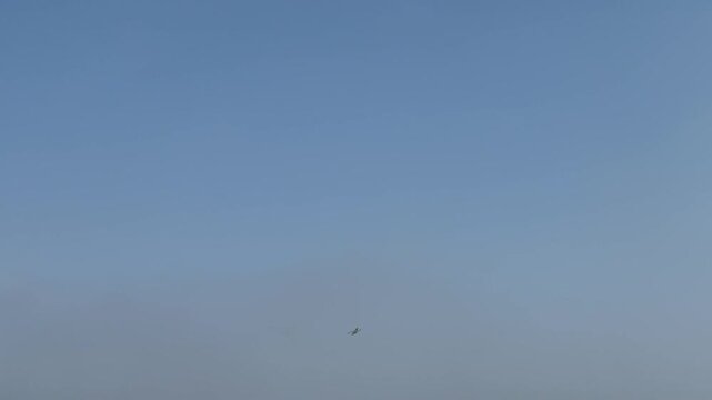 white seagull flying and soaring high in the clear blue sky. The camera slowly zooms out as the bird flies away into a light hazy horizon. Concept of freedom, wildlife, and marine travel