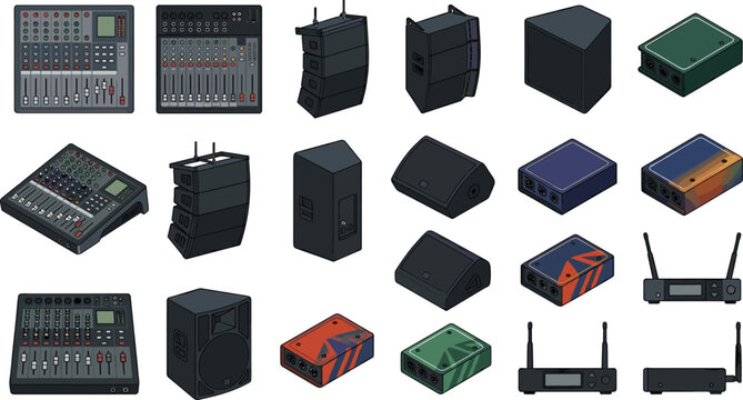 Professional live sound and audio engineering equipment icon set featuring mixing consoles line array speakers monitors and wireless receivers