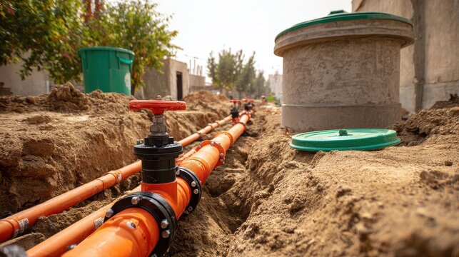 Industrial orange piping system with valves installed in a trench on a construction site