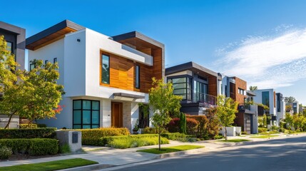 Fototapeta premium Row of modern luxury suburban houses with contemporary architectural design and wood paneling under a blue sky