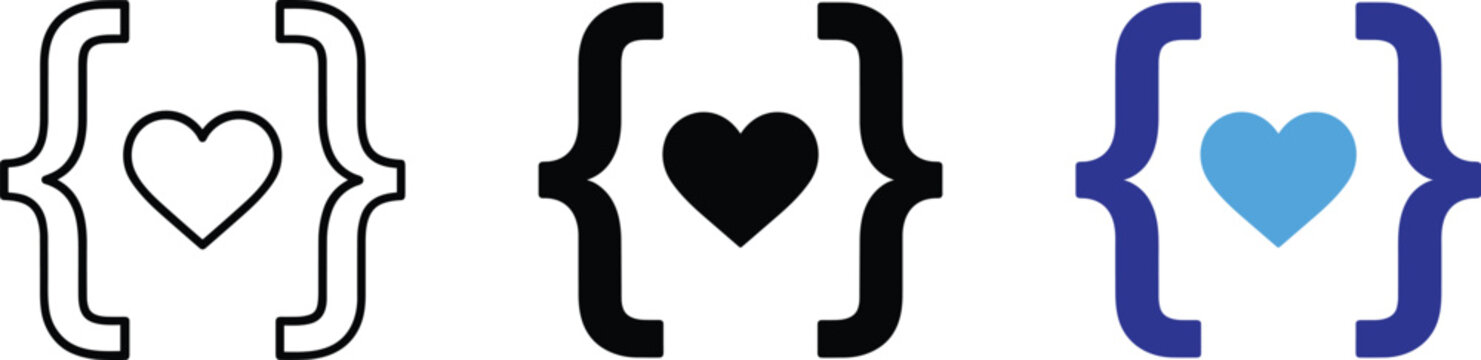 Coding programming brackets with heart shape love code vector icons illustration.