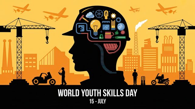 World Youth Skills Day poster with silhouette worker head on industrial background