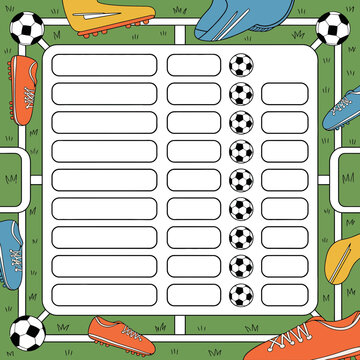 Blank soccer themed list template with sports cleats and footballs on a green grass background