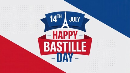 Happy Bastille Day greeting with Eiffel Tower icon on a diagonal red and blue background