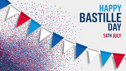 Happy Bastille Day 14th July with French Flag Pennants and Confetti on Gray Background