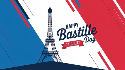 Happy Bastille Day graphic with Eiffel Tower silhouette and French flag colors