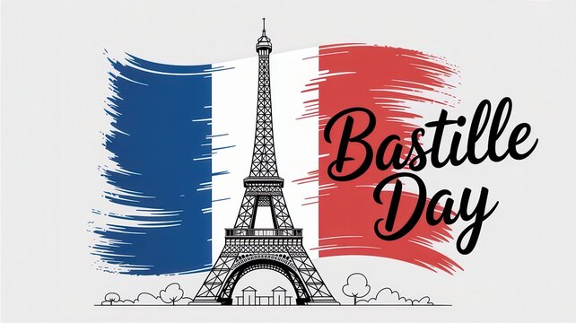 Eiffel Tower with French Flag Brush Stroke and Bastille Day Text, Isolated on White Background