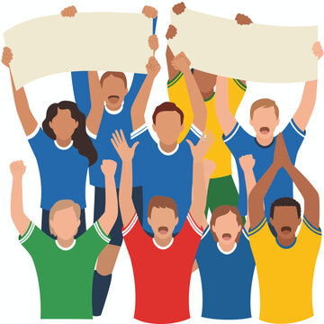 Enthusiastic sports fans in colorful jerseys cheering and holding blank banners for team support