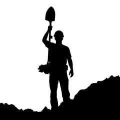 Laborer silhouette stands on a rocky hill holding a shovel toward the clear white empty sky. © RanaMuhammad