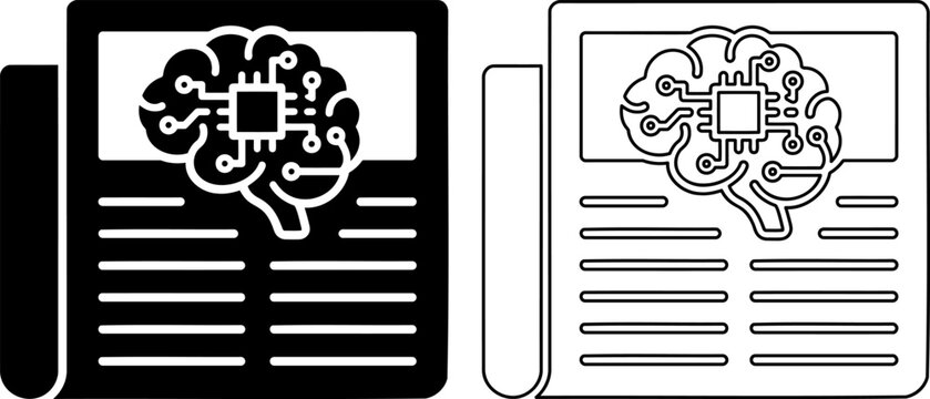 AI microchip brain journal icon, hardware technology newsletter and processor report vector illustration