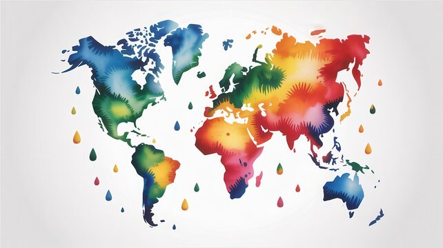 Vibrant watercolor world map with colorful paint drops on light gray gradient background.