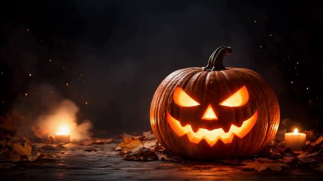 Glowing Halloween pumpkin with sinister grin in dark night scene and spooky festive atmosphere