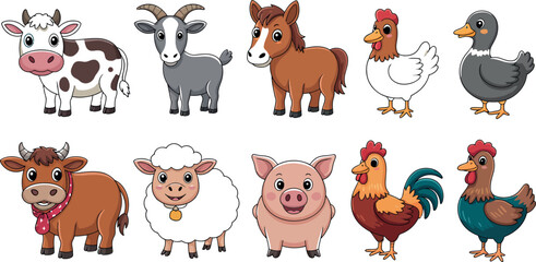 Obraz premium Cute Cartoon Farm Animals Vector Clipart Set Featuring Happy Cow Goat Horse Chicken Duck Sheep Pig and Rooster Characters for Children Education and Sticker Designs
