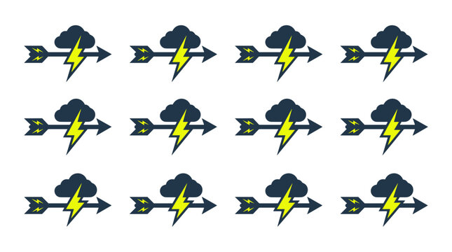 Collection of lightning bolt icons with dark cloud illustrations