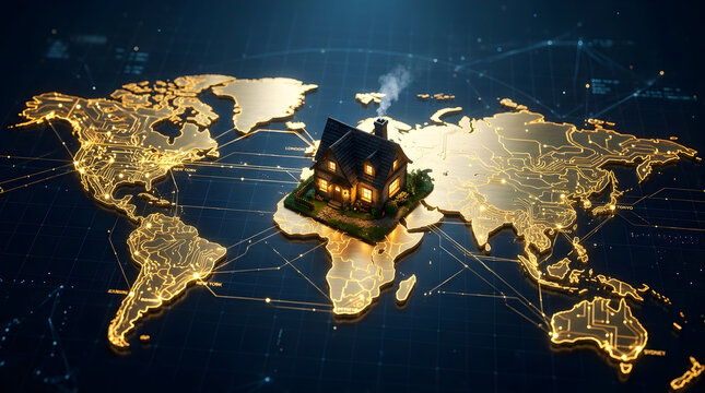 A miniature house glowing on a stylized digital world map with network connections representing global real estate and property technology