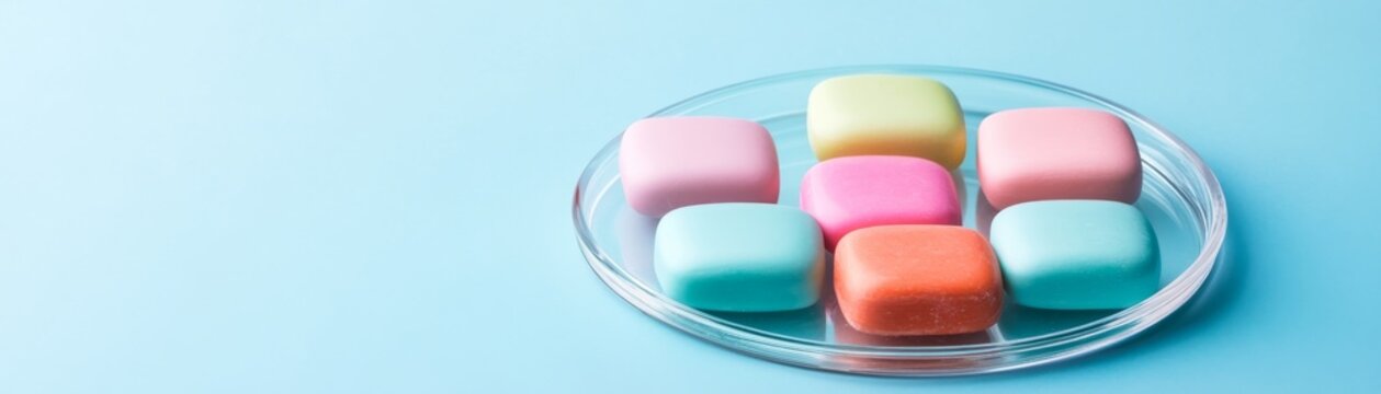 Seven vibrant pastel rectangular bars neatly arranged in a clear oval dish on a serene light blue backdrop, conveying variety, freshness and clean simplicity., colorful, minimal