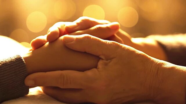 Hands holding together with warmth and care in a soft cinematic slow motion video sequence