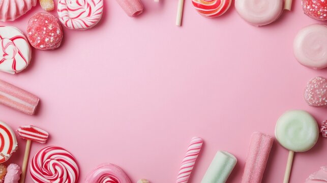 Sweet pink candy frame Assorted lollipops and sugary treats on a pastel background, creating a playful border with ample copy space for party or dessert concepts., Confectionery,