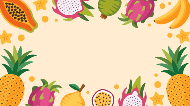 Colorful tropical fruit border with pineapples and exotic fruits on beige background