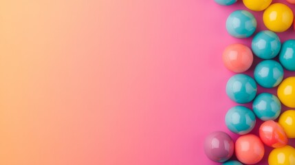Obraz premium Top view Glossy pastel Easter eggs (turquoise, yellow, pink) neatly line a vibrant peach-pink gradient background. Minimalist border, copy space, festive spring concept. Easter, Pastel