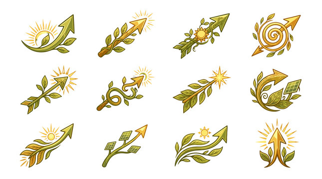 Collection of gold and green arrow icons with various designs and styles