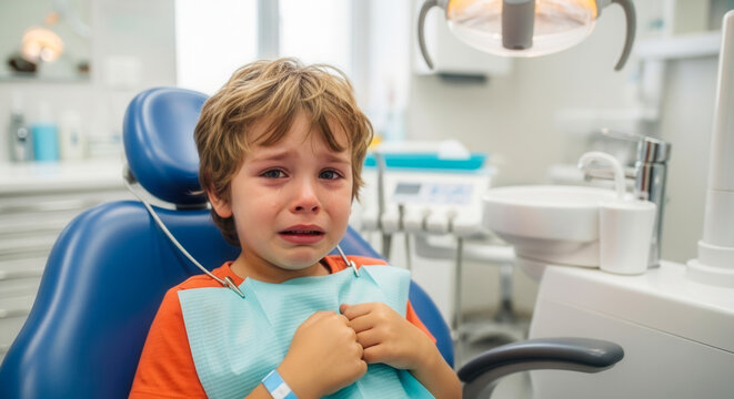 Young child crying at dentist in modern clinic, childhood fear and dental anxiety during medical appointment