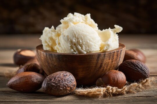 Natural cosmetic butter derived from Vitellaria paradoxa, creamy color in an earthy, minimal arrangement