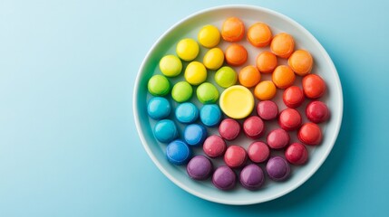 Obraz premium Top-down Vibrant rainbow candies in a circular gradient on a white plate, centered by yellow, on blue. A sweet, ordered color spectrum. ,confectionery ,harmony