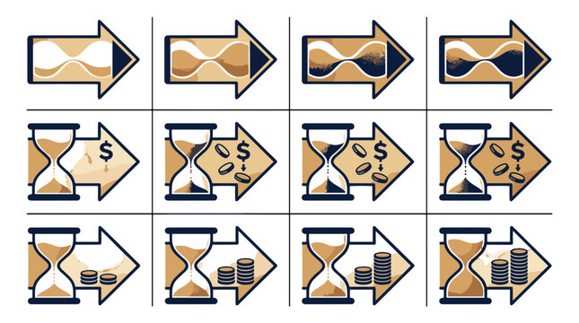 Set of business and financial icons with arrows and dollar signs
