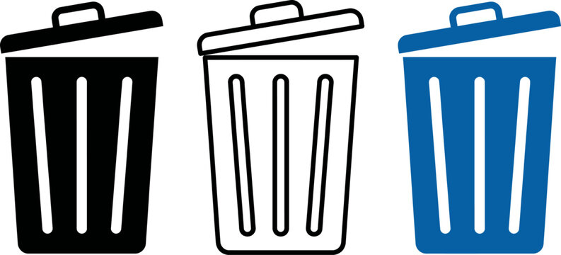 Three different colored trash cans with lids  icons for waste management