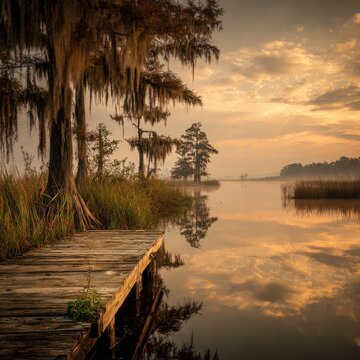 Tranquil Louisiana bayou scene with warm light, cypress silhouettes, and marsh grasses