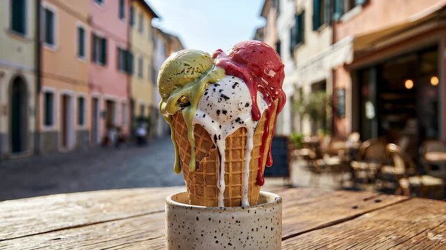 Ice cream cone melting and dripping on wooden table at outdoor street cafe in european village alley during sunny afternoon