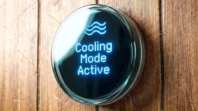 Smart thermostat display showing cooling mode active with a glowing blue digital icon in motion
