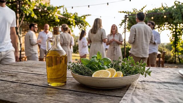 Group of people socializing near wooden table with olive oil and herbs in outdoor garden party