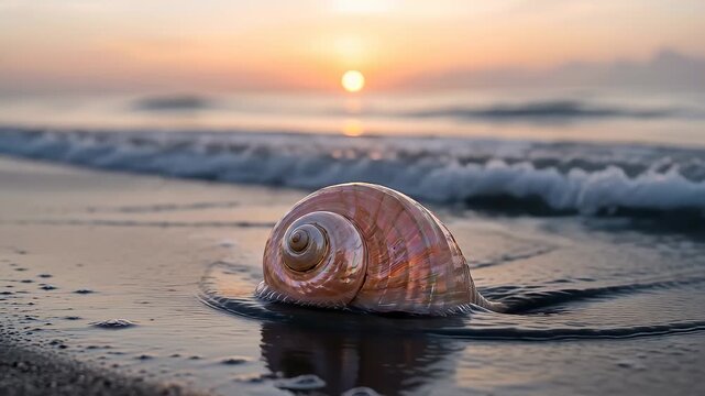 Conch shell being washed by gentle waves on wet sandy beach at sunrise with ocean horizon and soft sunlight