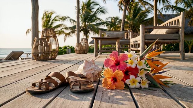 Sandals and tropical flowers resting on wooden deck at seaside resort lounge by ocean at sunset