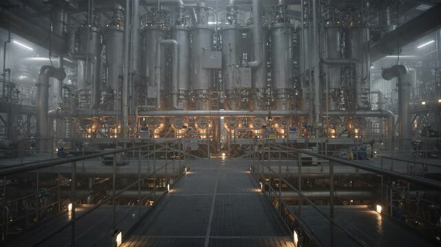 Medium shot of a hydrogen reformer unit on standby showcasing dormant reactors and furnace area with minimal lighting emphasizing safety and energy conservation