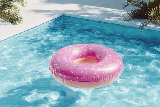 Sunny pool environment featuring a candy-sprinkle pink donut float on tranquil water