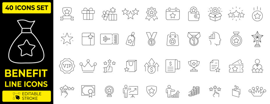 Benefit and Loyalty Program Line Icons Set, Minimalist Customer Reward Bonus Privilege Corporate Perks and Financial Incentive Vector Elements Collection with Editable Stroke